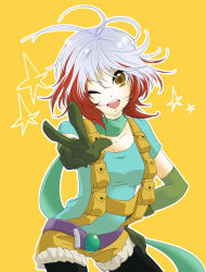 Rule 34 | 1girl, bad id, bad pixiv id, blue shirt, multicolored hair, niboshi, one eye closed, pascal (tales), red hair, sasaki yuki, scarf, shirt, solo, tales of (series), tales of graces, two-tone hair, v, white hair, yellow background, yellow eyes