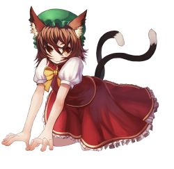 Rule 34 | 1girl, all fours, animal ears, bad id, bad pixiv id, brown eyes, brown hair, cat ears, cat girl, cat tail, chen, fang, female focus, hair over eyes, hat, highres, kansou samehada, multiple tails, short hair, solo, tail, touhou