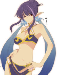 Rule 34 | 00s, 1girl, bad id, bad pixiv id, bikini, blue hair, breasts, cleavage, elf, hands on own hips, hip focus, judith (tales), midriff, pointy ears, red eyes, solo, swimsuit, tales of (series), tales of vesperia, tsukigami runa