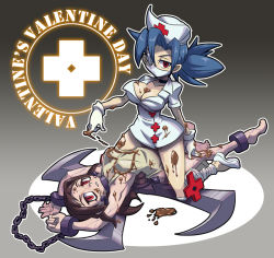 Rule 34 | 2girls, age difference, ankle cuffs, bandages, bdsm, blue hair, breasts, brown hair, carol (skullgirls), chain, chocolate, choker, cleavage, collar, cross, cuffs, dress, eyepatch, female focus, femdom, flats, girl on top, gloves, kouses, large breasts, looking at viewer, mouth mask, multiple girls, no mask, nurse, painwheel (skullgirls), red eyes, scar, short dress, skullgirls, surgical mask, symbol-shaped pupils, valentine, valentine (skullgirls), veins, white gloves, yuri