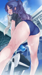 Rule 34 | 1girl, absurdres, ass, bare legs, bent over, black shirt, blue archive, blue buruma, blue sky, blush, bottle, buruma, cloud, commentary, day, from behind, from below, gym shirt, gym uniform, halo, highres, holding, holding bottle, kneepits, long hair, looking at viewer, looking back, morikawasansei, official alternate costume, outdoors, ponytail, robot, shirt, short sleeves, sky, smile, solo, standing, star sticker, sticker, sweat, thighs, towel, water, wet, yuuka (blue archive), yuuka (track) (blue archive)