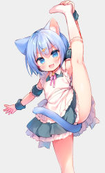 Rule 34 | 1girl, :d, animal ear fluff, animal ears, apron, arm up, between legs, blue eyes, blue hair, blush, cat ears, cat girl, cat tail, commentary request, detached sleeves, dress, fish hair ornament, frilled apron, frilled dress, frills, green dress, green sleeves, grey background, hair between eyes, hair ornament, highres, kneepits, leg up, looking at viewer, maid, maid apron, no shoes, onka, open mouth, original, pleated dress, puffy short sleeves, puffy sleeves, short sleeves, simple background, sleeveless, sleeveless dress, smile, socks, solo, split, standing, standing on one leg, standing split, tail, tail between legs, usashiro mani, v-shaped eyebrows, white apron, white socks, wrist cuffs