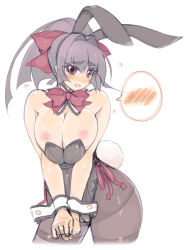 Rule 34 | 1girl, akatsuki alut, animal ears, bare shoulders, blush, breasts squeezed together, breasts, fake animal ears, hip focus, huge breasts, inverted nipples, leotard, long hair, mel/a, nipples, original, pantyhose, playboy bunny, ponytail, puffy nipples, purple hair, rabbit ears, rabbit tail, red eyes, solo, tail, wardrobe malfunction, wide hips, wrist cuffs