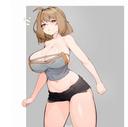 Rule 34 | 1girl, :&lt;, ahoge, anis (nikke), artist name, bare arms, bare shoulders, black pants, black shorts, blush, bouncing breasts, breasts, brown eyes, brown hair, cleavage, closed mouth, crop top, goddess of victory: nikke, grey background, large breasts, looking at viewer, midriff, navel, pants, short hair, short shorts, shorts, sleeveless, solo, thighs, tilt-shift (azalanz), two-tone background, white background
