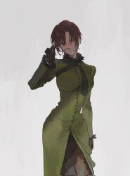 1girl aozaki_touko brown_eyes brown_hair brown_pantyhose closed_mouth dress fishnet_pantyhose fishnets fur-trimmed_sleeves fur_collar fur_trim glasses gloves green_dress green_eyes green_gloves grey_background heterochromia highres holding holding_removed_eyewear mahou_tsukai_no_yoru mimulishizi pantyhose removing_eyewear short_hair simple_background solo unworn_eyewear