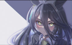 Rule 34 | 1girl, ahoge, animal ears, black hair, blush, buckwheat638478, closed mouth, commentary request, hair between eyes, hair ornament, horse ears, horse girl, looking at viewer, manhattan cafe (umamusume), necktie, portrait, simple background, solo, umamusume, yellow eyes