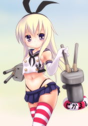 Rule 34 | 10s, 1girl, alternate eye color, anchor, blonde hair, elbow gloves, gloves, hairband, hinata yuyuki, kantai collection, lifebuoy, long hair, navel, personification, purple eyes, rensouhou-chan, shimakaze (kancolle), skirt, striped clothes, striped thighhighs, swim ring, thighhighs