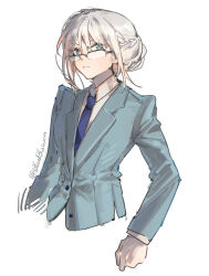 Rule 34 | 1girl, an-94 (antje) (girls&#039; frontline), an-94 (girls&#039; frontline), aqua eyes, aqua jacket, blue necktie, blueblossom, business suit, closed mouth, collared shirt, commentary, english commentary, formal, girls&#039; frontline, glasses, highres, jacket, long hair, long sleeves, looking at viewer, necktie, official alternate costume, shirt, signature, simple background, solo, suit, white background, white hair, white shirt