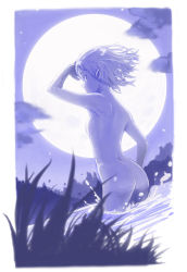 Rule 34 | 1girl, armpits, ass, blue theme, breasts, character request, cloud, dutch angle, from behind, from below, full moon, grass, highres, kousaku, looking back, monochrome, moon, night, nude, pointy ears, profile, short hair, small breasts, solo, splashing, wading, water