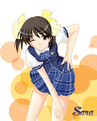 Rule 34 | 1girl, ;), blue bow, blue bowtie, blue skirt, blue vest, bow, bowtie, breasts, brown eyes, brown hair, character name, contrapposto, ever 17, hair bow, hand on own hip, hand on own thigh, hand on thigh, leaning forward, looking at viewer, matsunaga sara, multicolored background, one eye closed, plaid, plaid bow, plaid bowtie, plaid neckwear, pleated skirt, puffy short sleeves, puffy sleeves, school uniform, serafuku, shirt, short hair, short sleeves, silvermoon, skirt, small breasts, smile, solo, standing, tareme, thighs, twintails, vest, white shirt, yellow bow