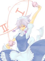 Rule 34 | 1girl, braid, cup, decantering, female focus, hair ribbon, izayoi sakuya, maid, maid headdress, pouring, red eyes, ribbon, shichi daidai, solo, teacup, embodiment of scarlet devil, touhou, twin braids, white background, white hair