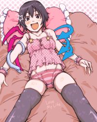 Rule 34 | 1girl, asymmetrical wings, bad id, bad pixiv id, bare shoulders, bed, black hair, black thighhighs, fang, female focus, houjuu nue, lying, nightgown, on back, open mouth, panties, pillow, red eyes, sachi (itsuki), short hair, skindentation, snake, solo, star (symbol), striped clothes, striped panties, thighhighs, touhou, underwear, wings