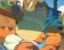 Rule 34 | 1boy, absurdres, animal ears, bara, bare pectorals, big belly, bulge, bulge rest, cat boy, cat ears, cat tail, covered penis, cowboy shot, cup, fat, fat man, garfield, hairy, half-closed eyes, hawaiian shirt, highres, holding, holding cup, huge pectorals, large bulge, looking to the side, male focus, male underwear, navel, navel hair, pectorals, poolside, seductive smile, shirt, smile, solo, sparse navel hair, stomach, sunlight, tail, thick chest hair, thick thighs, thighs, underwear, vic (garfield), zhangkuu