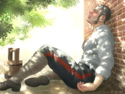 Rule 34 | 1boy, alternate facial hair, bandaged leg, bandages, bara, black hair, blue pants, blush, boots, bucket, buzz cut, chest hair, from side, full body, gaiters, golden kamuy, leaf, long sideburns, looking up, male focus, mature male, muscular, muscular male, nopinzo, pants, partially unbuttoned, pectorals, shirt, short hair, sideburns, sitting, sleeves rolled up, solo, sunlight, sweat, tanigaki genjirou, thick eyebrows, very short hair, white shirt