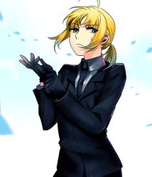 Rule 34 | 1girl, adjusting clothes, adjusting gloves, ahoge, artoria pendragon (all), artoria pendragon (fate), bad id, bad pixiv id, black gloves, blonde hair, dbs082174, fate/stay night, fate/zero, fate (series), formal, gloves, green eyes, necktie, pant suit, pants, ponytail, saber (fate), solo, suit