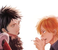 Rule 34 | 2boys, blonde hair, brown hair, cigarette, eye contact, facial hair, goatee, looking at another, male focus, multiple boys, one piece, profile, sanji (one piece), sheath, sheathed, smoking, trafalgar law, yamsong, yellow eyes