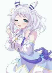 Rule 34 | 1girl, absurdres, animal ears, bare shoulders, blue eyes, blush, breasts, clenched hands, commentary request, detached sleeves, ear covers, grey hair, hair ornament, highres, hishi miracle (umamusume), horse ears, horse girl, horse tail, looking at viewer, medium breasts, one eye closed, open mouth, sakura kasuga, sash, solo, tail, umamusume, white background