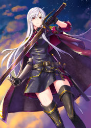 Rule 34 | 1girl, :&lt;, armband, bad id, bad pixiv id, belt, black footwear, black thighhighs, boots, cape, cloud, cuffs, from below, frown, gauntlets, gloves, jacket, long hair, looking at viewer, original, red eyes, sheath, sheathed, silver hair, sky, solo, swept bangs, thigh boots, thighhighs, unsheathed, very long hair, yukikaze (aaassszzz)