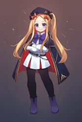 Rule 34 | 1girl, abigail williams (fate), artoria caster (fate), artoria caster (fate) (cosplay), artoria caster (second ascension) (fate), artoria pendragon (fate), belt, beret, black bow, black gloves, black pantyhose, blonde hair, blue cape, blue eyes, blue hat, blush, boots, bow, breasts, buttons, cape, cosplay, crossed arms, double-breasted, dress, fate/grand order, fate (series), forehead, full body, gloves, hair bow, hat, highres, hood, hooded cape, long hair, long sleeves, looking at viewer, miya (miyaruta), multicolored cape, multicolored clothes, multiple bows, orange bow, pantyhose, parted bangs, red cape, small breasts, smile, solo, white dress