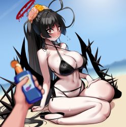 Rule 34 | 1boy, 1girl, beach, bikini, blaccura, black bikini, black hair, black nails, blue archive, blue sky, blurry, blurry foreground, blush, breasts, cleavage, flower, full body, hair flower, hair ornament, highres, large breasts, long hair, looking at viewer, lotion, nail polish, navel, outdoors, outstretched arms, pink flower, pink rose, ponytail, red eyes, rose, sand, sandals, seiza, sitting, sky, smile, sunscreen, swimsuit, tsurugi (blue archive), tsurugi (swimsuit) (blue archive), water, white flower, white rose, wings, yellow flower, yellow rose