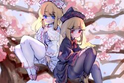 Rule 34 | 2girls, blonde hair, branch, cherry blossoms, fairy, fairy wings, hat, highres, in tree, lily black, lily white, looking at viewer, multiple girls, pointy ears, shouxishao jiuyuan, sitting, sitting in tree, touhou, tree, wings