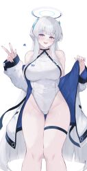 Rule 34 | 1girl, bare shoulders, blue archive, blunt bangs, coat, cowboy shot, fuchi (0616tk), grey hair, halo, halterneck, headgear, headphones, heart, highleg, highleg swimsuit, highres, jacket, long hair, mechanical halo, noa (blue archive), off shoulder, one-piece swimsuit, open clothes, open jacket, purple eyes, swimsuit, thigh strap, two-sided fabric, two-sided jacket, v, white coat, white hair, white halo, white jacket, white one-piece swimsuit