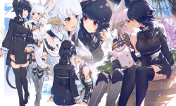 Rule 34 | 2girls, akizone, au ra, bag, bare shoulders, black gloves, black hair, black headwear, black jacket, black legwear, blush, boots, breasts, buttons, cheeze (akizone), dating, double-breasted, earrings, final fantasy, final fantasy xiv, fingerless gloves, frills, gem, gloves, grey footwear, happy, highres, holding hands, imminent kiss, jacket, jewelry, large breasts, long sleeves, looking at another, lower teeth only, multiple girls, multiple views, open mouth, original, red eyes, renz (rirene rn), scales, short hair, skirt, smile, standing, striped legwear, teeth, thigh boots, thighhighs, upper teeth only, warrior of light (ff14), white hair, yuri, zettai ryouiki