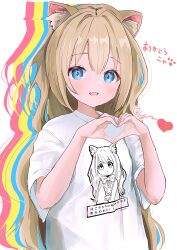 1girl :d animal_ears artist_name blue_eyes blush cat_ears commentary_request cyan_(sasukeone3) fang hands_up heart heart_hands highres long_hair looking_at_viewer open_mouth original shirt short_sleeves simple_background skin_fang smile solo translation_request white_background white_shirt