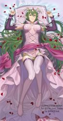 Rule 34 | 1girl, boots, breasts, detached sleeves, fire emblem, fire emblem: mystery of the emblem, green eyes, green hair, hair between eyes, hair ornament, highres, large breasts, long hair, looking at viewer, lying, maze draws, nagi (fire emblem), nintendo, on back, on bed, petals, pillow, pointy ears, see-through, smile, solo, thigh boots, thighhighs, very long hair
