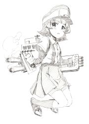 Rule 34 | 1girl, :o, absurdres, arare (kancolle), cannon, collared shirt, commentary request, full body, greyscale, gun, hat, highres, jumping, kantai collection, layered sleeves, long sleeves, looking at viewer, machinery, makicha (sasurainopink), monochrome, one-hour drawing challenge, parted lips, peaked cap, pleated skirt, scan, shirt, short hair, short over long sleeves, short sleeves, simple background, skirt, smoke, smoking barrel, socks, solo, suspender skirt, suspenders, traditional media, weapon, white background, wing collar