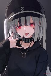Rule 34 | 1girl, absurdres, artist name, black collar, black hair, black hat, black hoodie, black nails, collar, commentary request, ear piercing, eyeshadow, facial tattoo, hat, highres, hood, hoodie, jewelry, light blush, looking at viewer, m/, makeup, multicolored hair, nail polish, necktie, original, piercing, red eyes, ring, signature, silver hair, simple background, solo, sooon, streaked hair, tattoo, tongue piercing, twintails, upper body
