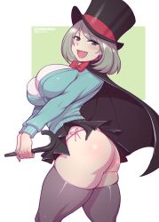 Rule 34 | 1girl, ass, bokuman, bow, bowtie, breasts, cape, cardigan, clothes lift, curvy, fang, green eyes, grey thighhighs, hat, huge ass, large breasts, looking at another, looking at viewer, open mouth, panties, short hair, side-tie panties, silver hair, skirt, skirt lift, smile, solo, tejina senpai, tejina senpai (series), thick thighs, thighhighs, thighs, thong, top hat, underwear, wide hips