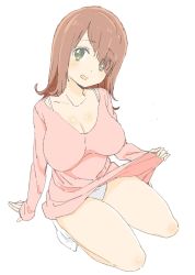 Rule 34 | 1girl, :d, absurdres, bad id, bad twitter id, blunt bangs, breasts, brown hair, cleavage, clothes lift, donguri suzume, eyes visible through hair, green eyes, highres, large breasts, lifting own clothes, long hair, long sleeves, looking at viewer, no pants, open mouth, panties, pink sweater, simple background, smile, socks, solo, squatting, sweater, sweater lift, underwear, white background, white panties, white socks