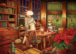Rule 34 | &gt;:(, 1girl, axolotl, blonde hair, blue eyes, blush, book, bookshelf, boots, brown footwear, bucket, closed mouth, coin, creature, crumpled paper, cup, door, flower, frown, goggles, goggles on head, holding, holding book, indoors, knee boots, long hair, open book, original, paper, plant, potted plant, sack, saucer, shirt, short sleeves, sitting, standing, steam, suitcase, table, teacup, v-shaped eyebrows, window, wooden floor, yuuki koutarou