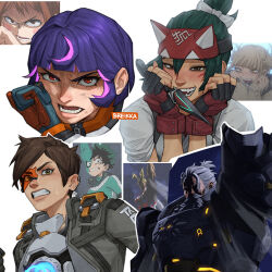 1boy 3girls armor artist_name beard blush boku_no_hero_academia bow breikka brown_jacket clenched_hand clenched_teeth commentary earclip english_commentary facial_hair fang green_hair hair_bow hands_up holding holding_weapon jacket juno_(overwatch) kiriko_(overwatch) kunai looking_at_viewer mature_male multicolored_hair multiple_girls muscular muscular_male old old_man overwatch overwatch_2 pink_hair power_armor purple_hair red_eyes reference_inset reinhardt_(overwatch) scar scar_across_eye shaded_face sharp_teeth sweatdrop teeth topknot tracer_(overwatch) two-tone_hair upper_body v-shaped_eyebrows weapon white_bow white_hair wiping_face