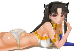 Rule 34 | 1girl, :o, arm rest, arm support, armlet, ass, asymmetrical gloves, bare arms, bare legs, bare shoulders, black hair, black ribbon, blue gloves, blush, breast press, breasts, butt crack, chika chuka, earrings, elbow gloves, fate/grand order, fate (series), female focus, gem, gloves, hair ribbon, hoop earrings, index finger raised, ishtar (fate), jewelry, large breasts, legs, lips, long hair, looking at viewer, lying, midriff, neck ring, no crown, on stomach, open mouth, panties, parted bangs, pink eyes, revealing clothes, ribbon, shadow, shiny skin, simple background, single elbow glove, single glove, solo, strapless, tohsaka rin, two side up, type-moon, underwear, uneven gloves, white background, white panties