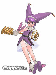 Rule 34 | 1girl, avalon no kagi, character name, coppelia (avalon no kagi), coppelia (key of avalon), fishnets, flat chest, g-room honten, happy, hat, jester cap, key, panties, purple eyes, purple hair, see-through, shoes, skirt, smile, solo, the key of avalon, underwear, white panties, wrist cuffs