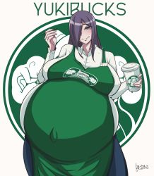 Rule 34 | 1girl, absurdres, apron, artist name, blush, brand name imitation, breasts, collared shirt, cowboy shot, cup, curvy, disposable cup, facing viewer, hair over one eye, highres, huge breasts, iced latte with breast milk (meme), long hair, looking at viewer, meme, name tag, original, pants, pen, pregnant, purple eyes, purple hair, shirt, sidelocks, signature, smile, solo, standing, starbucks, thick thighs, thighs, wide hips, yukinohi0408