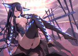 Rule 34 | 1girl, ass, backlighting, bare shoulders, black dress, black gloves, black headwear, black thighhighs, blue eyes, blunt bangs, blush, breasts, center opening, covered erect nipples, crossed legs, dress, elbow gloves, fate/grand order, fate (series), feet, flute, gloves, hair ornament, highres, instrument, large breasts, leaf hair ornament, leaning back, legs, long hair, looking at viewer, pipa (instrument), purple hair, side slit, soles, solo, tenshin kagehisa, thighhighs, thighs, toes, very long hair, yang guifei (fate), yang guifei (third ascension) (fate)