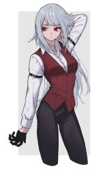 Rule 34 | absurdres, black gloves, black pants, gloves, grey hair, highres, itou (very ito), pants, red eyes, red vest, shirt, vest, white background, white shirt
