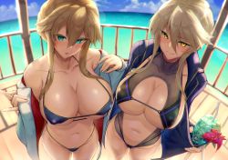 Rule 34 | 2girls, absurdres, ahoge, artoria pendragon (fate), artoria pendragon (lancer) (fate), artoria pendragon (lancer alter) (fate), bare shoulders, bikini, blonde hair, blue bikini, blush, braid, breasts, cleavage, closed mouth, clothes pull, cocktail, cocktail glass, collarbone, covered erect nipples, cowboy shot, crown braid, cup, day, drinking glass, dual persona, fate/grand order, fate (series), female focus, fingernails, french braid, green eyes, groin, hair between eyes, hair ornament, head tilt, highleg, highleg swimsuit, highres, holding, holding cup, horizon, horns, huge filesize, jacket, jacket pull, large breasts, long fingernails, long hair, long sleeves, looking at viewer, micro bikini, midriff, multiple girls, navel, non-web source, ocean, off shoulder, open clothes, open jacket, open mouth, outdoors, parted lips, pulled by self, ribbed swimsuit, satou daiji, sideboob, sidelocks, standing, stomach, strap gap, swimsuit, underboob, undressing, water, yellow eyes