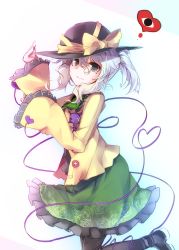 Rule 34 | 1girl, alternate hairstyle, black pantyhose, floral print, from side, green eyes, green skirt, hat, highres, holding, holding clothes, holding hat, kazetto, komeiji koishi, long sleeves, looking at viewer, pantyhose, ponytail, shirt, skirt, skirt set, solo, standing, standing on one leg, third eye, touhou, wide sleeves, yellow shirt