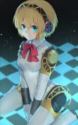 Rule 34 | absurdres, aegis (persona), blonde hair, blue eyes, breasts, headset, highres, joints, looking at viewer, nodoameyatou, persona, persona 3, red ribbon, ribbon, robot girl, robot joints, short hair, sitting, small breasts, wariza
