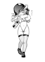 Rule 34 | 1girl, alternate breast size, baseball bat, baseball helmet, bikini, breasts, chibi, curly hair, curvy, flat chest, happy, helmet, highres, long hair, looking at viewer, monochrome, rakko (r2), sandy bash, shoes, sneakers, solo, star (symbol), suketto sanjou!, swimsuit, thick thighs, thighhighs, thighs, thong, translation request