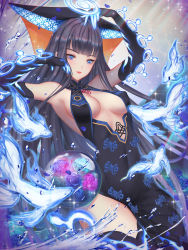 Rule 34 | 1girl, black dress, black hair, blue eyes, blue flower, blue rose, breasts, chococuco, cleavage, dress, elbow gloves, fate/grand order, fate (series), fish, flower, gloves, highres, lips, long hair, looking at viewer, purple flower, purple rose, rose, sleeveless, sleeveless dress, solo, tattoo, water, yang guifei (fate), yang guifei (third ascension) (fate)