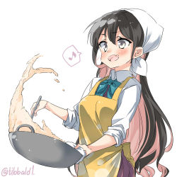 Rule 34 | 1girl, :d, apron, aqua bow, aqua bowtie, bad id, bad twitter id, black eyes, blush, bow, bowtie, collared shirt, cooking, cowboy shot, ebifurya, food, frying pan, hair between eyes, head scarf, highres, holding, inactive account, kantai collection, long hair, multicolored hair, musical note, naganami (kancolle), open mouth, quaver, shirt, simple background, sleeves rolled up, smile, solo, spoken musical note, twitter username, two-tone hair, very long hair, white background, white shirt