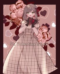Rule 34 | 1girl, :d, border, bow, brown border, brown dress, brown gloves, brown hair, coto notte, dress, earrings, gloves, green eyes, hair bow, happy valentine, highres, jewelry, long hair, looking at viewer, open mouth, plaid, plaid dress, red bow, rosa (tears of themis), smile, solo, tears of themis