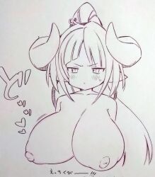 Rule 34 | 1girl, azusa (granblue fantasy), blush, breasts, closed mouth, collarbone, commentary request, corrupted twitter file, draph, granblue fantasy, highres, horns, huge breasts, long hair, monochrome, nipples, nude, pointy ears, ponytail, solo, traditional media, tsukareta san, upper body