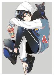 Rule 34 | 1boy, animal, animal on shoulder, axia krone, black cat, black footwear, black hair, black nails, black pants, blue eyes, blue jacket, blue ribbon, cat, cat on shoulder, closed mouth, commentary request, converse, cup, disposable cup, grey background, highres, holding, holding cup, jacket, kino (kino cono), letterman jacket, male focus, nail polish, neck ribbon, nijisanji, pants, ribbon, smile, solo, virtual youtuber, white hood, white sleeves