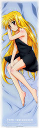 Rule 34 | 00s, 1girl, absurdres, bare shoulders, barefoot, blonde hair, breasts, character name, collarbone, eyebrows, fate testarossa, feet, flat chest, from above, full body, highres, long hair, lying, lyrical nanoha, mahou shoujo lyrical nanoha, official art, on side, red eyes, sideboob, solo, very long hair